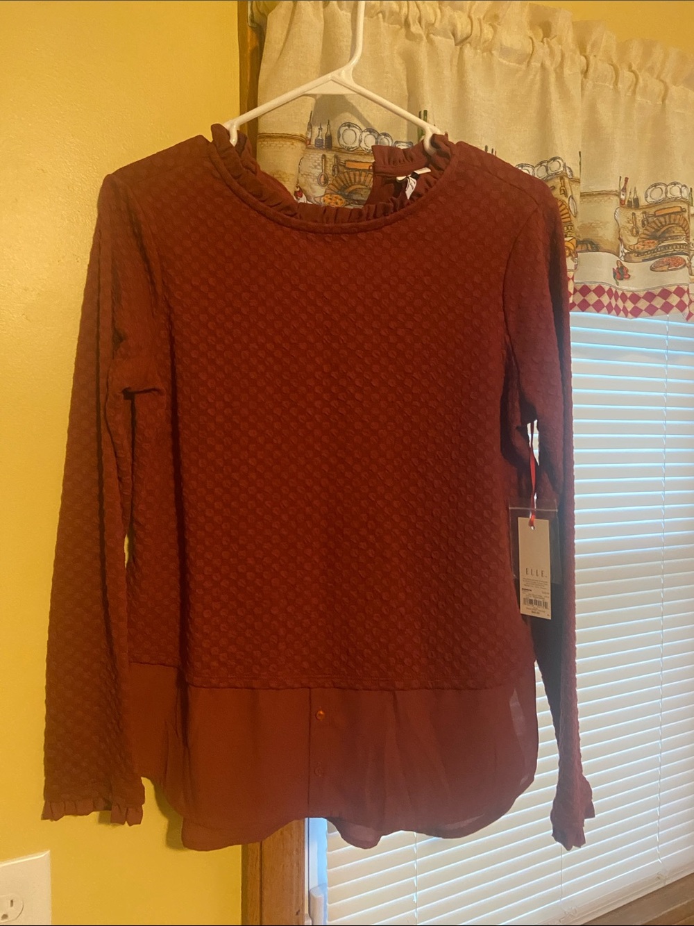 Elle Textured Ruffle-Neck Long Sleeve Top in Deep Burgundy